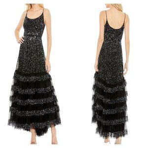 Mac Duggal 10883 Black Sequin Tiered Ruffle Gown NWT Size 14